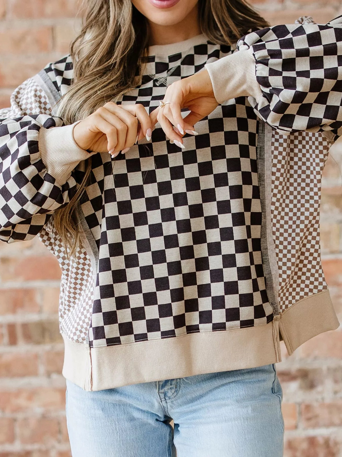 Mixed Checkered Pattern Patchwork High Low Casual Top