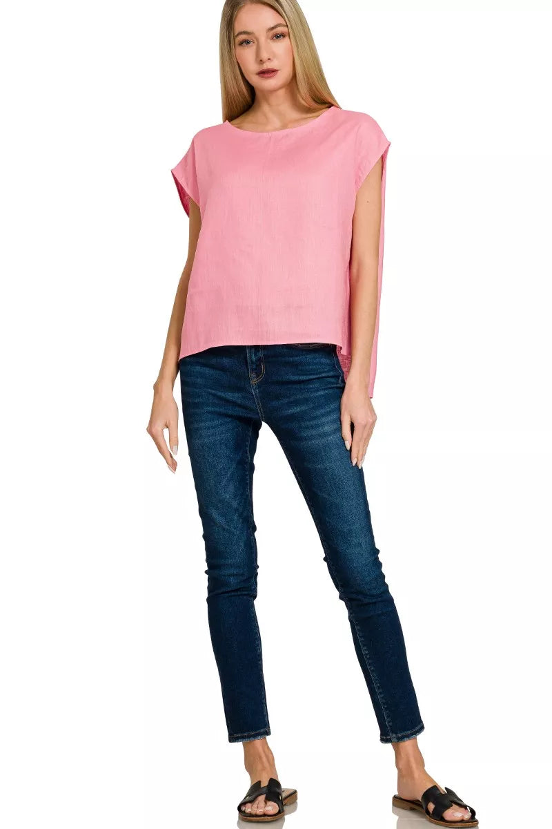 Zenana Linen Round Neck Cap Sleeve Top