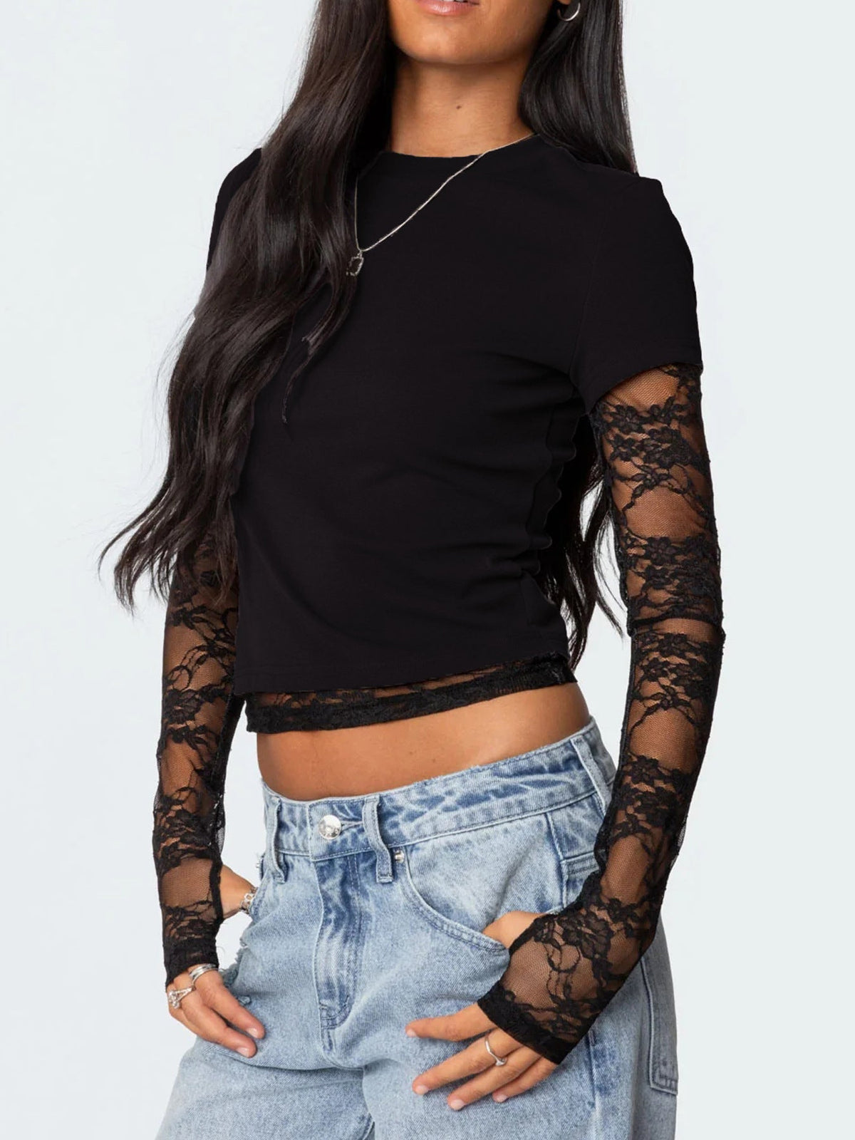 Lace Sleeve Fitted T-Shirt