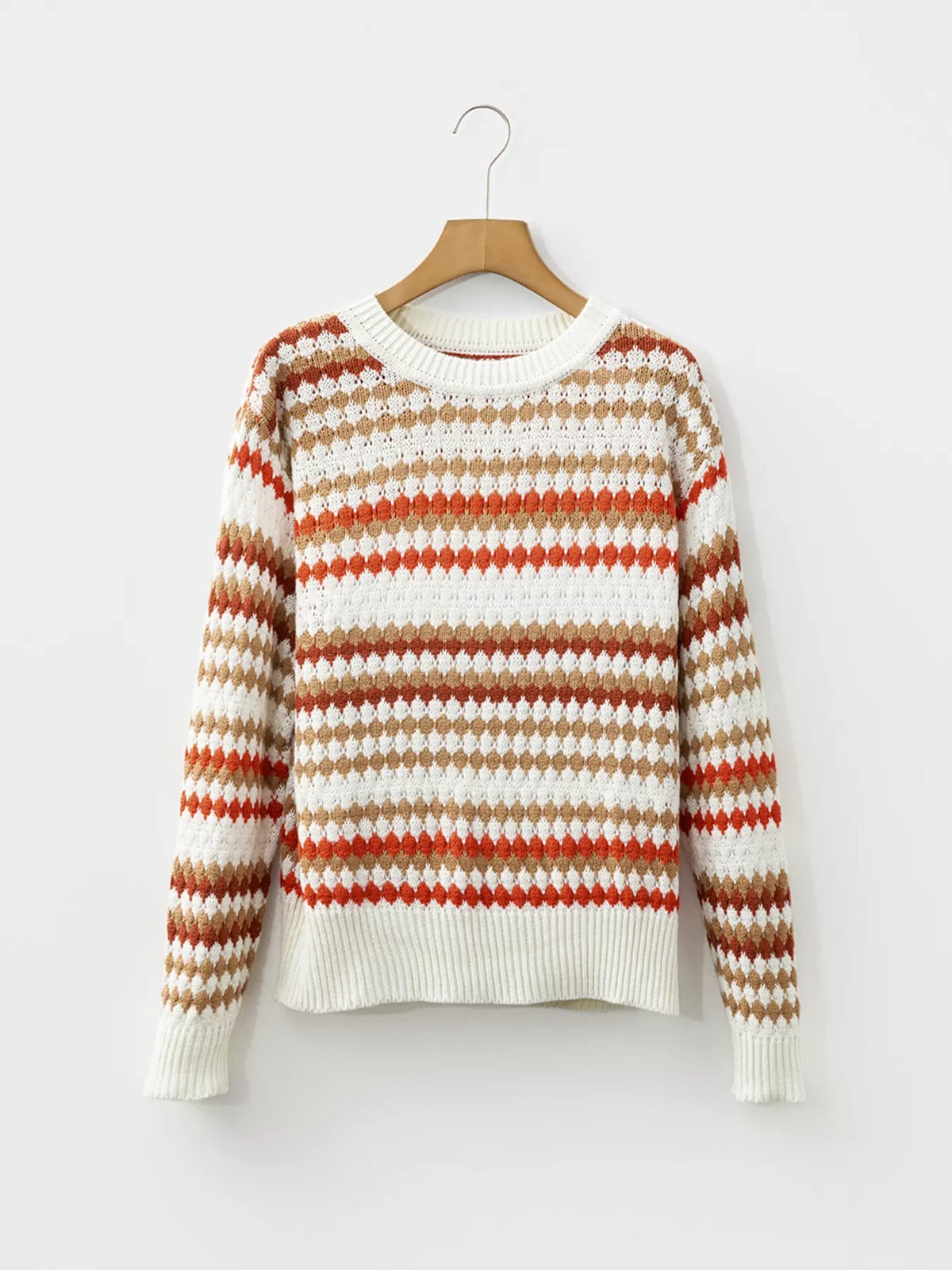 Stripe Eyelet Patterned Drop Shoulder Sweater