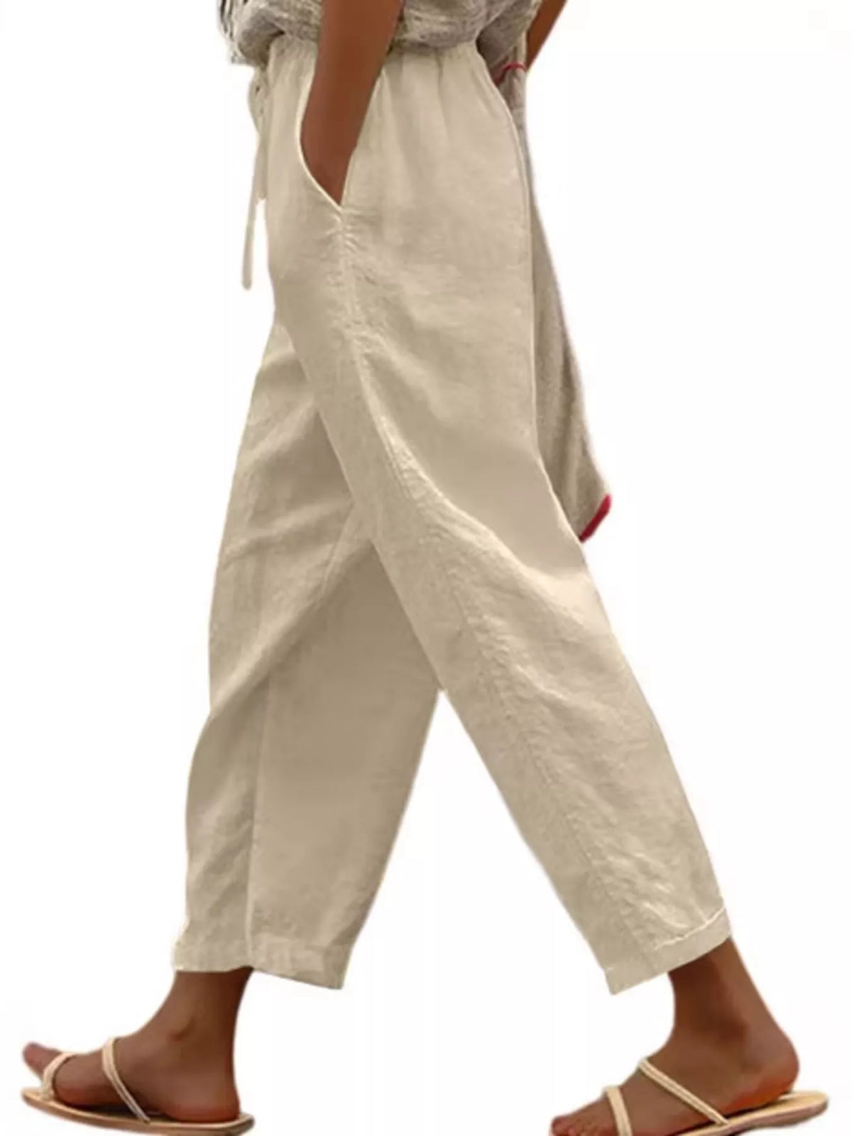 Casual Linen Drawstring Cropped Pants