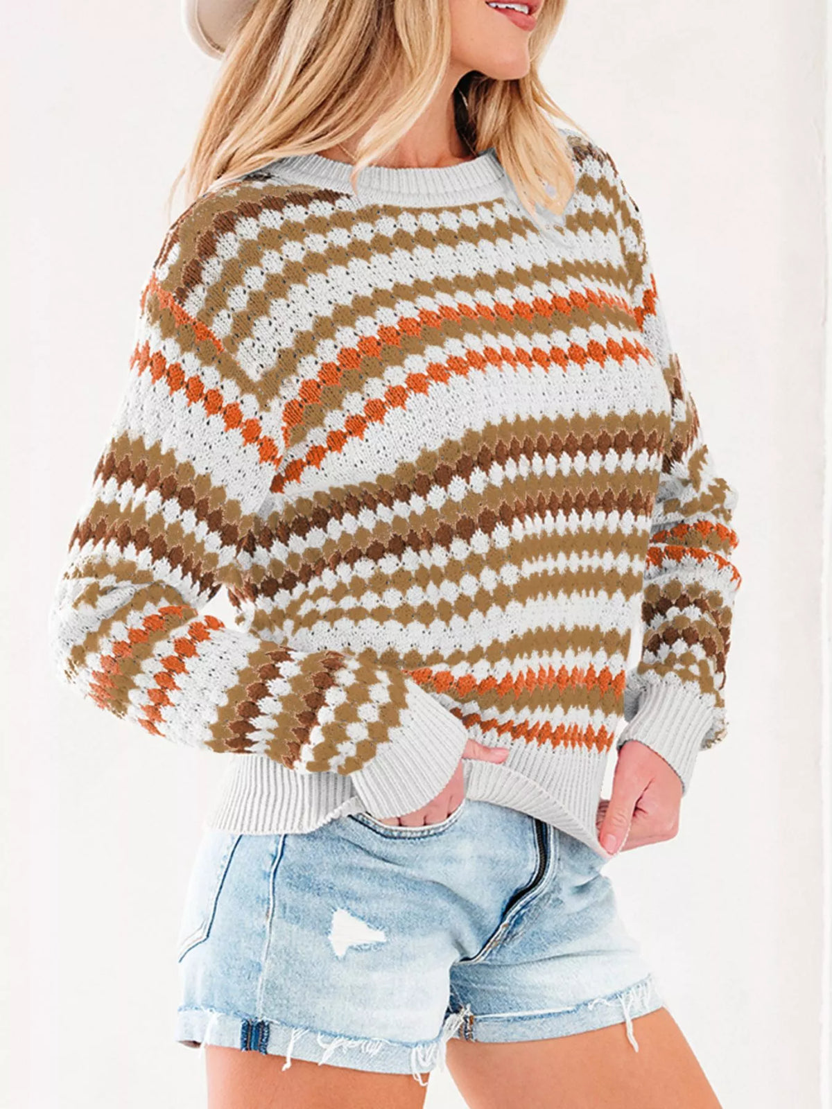 Stripe Eyelet Patterned Drop Shoulder Sweater