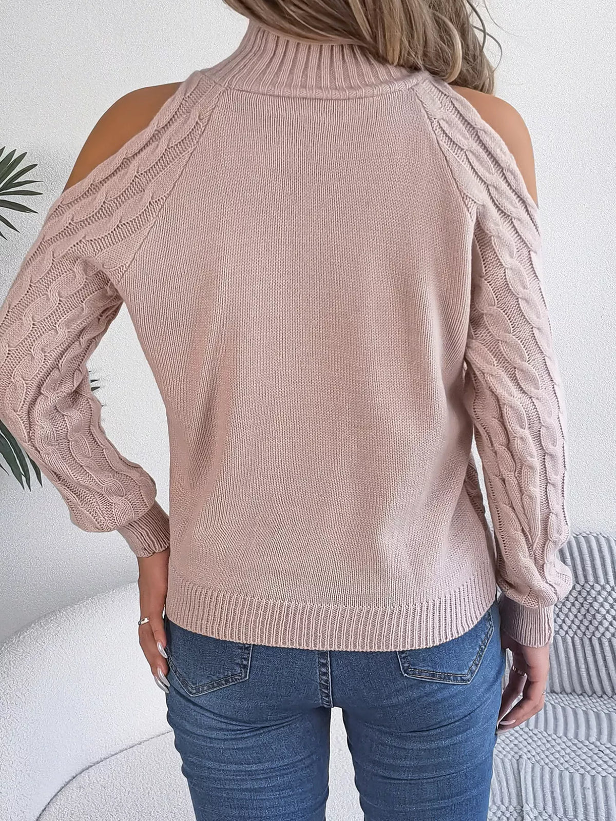 Cable Knit Cold Shoulder Turtleneck Sweater