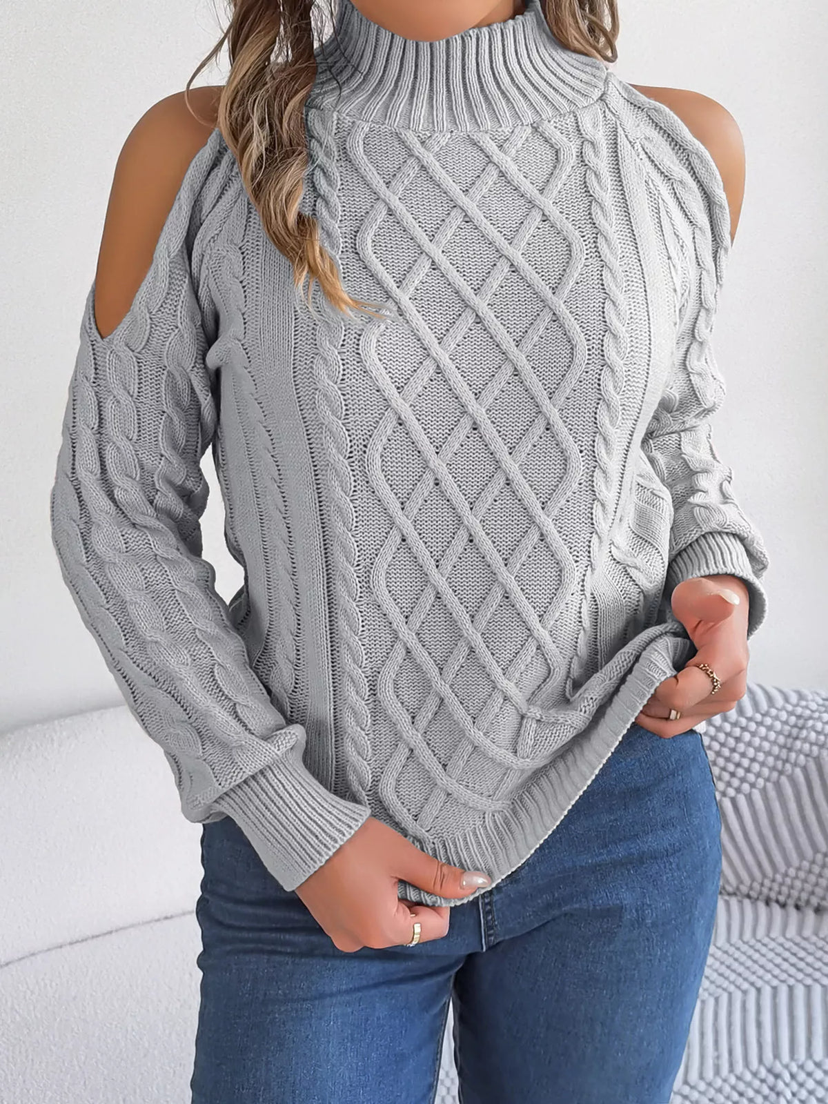 Cable Knit Cold Shoulder Turtleneck Sweater
